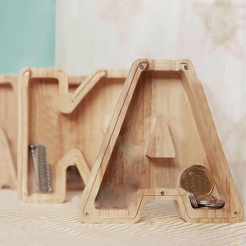 Premium Wooden Letter A Piggy Bank – Walnut with Acrylic Panel