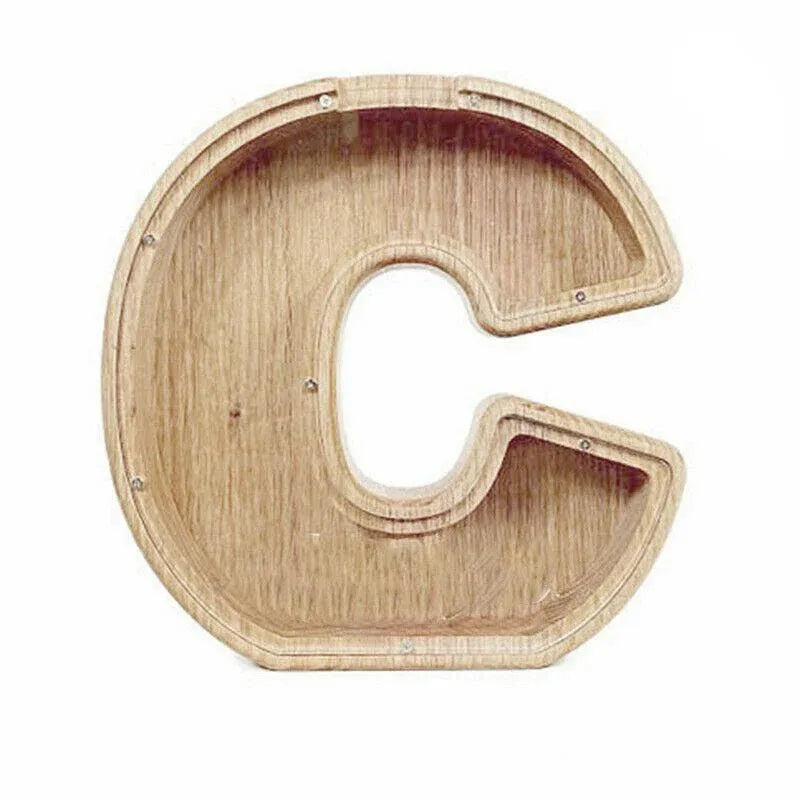 Premium Wooden Letter C Piggy Bank – Walnut with Acrylic Panel