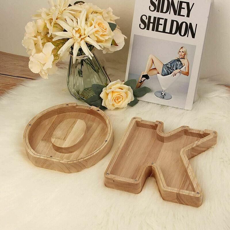 Premium Wooden Letter D Piggy Bank – Walnut with Acrylic Panel