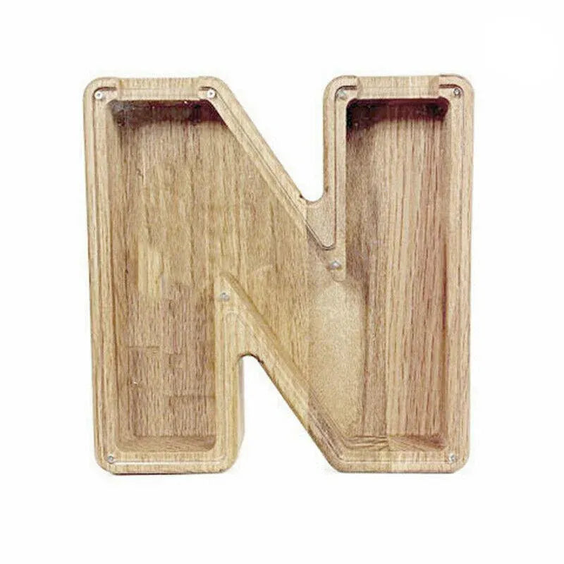 Premium Wooden Letter N Piggy Bank – Walnut with Acrylic Panel