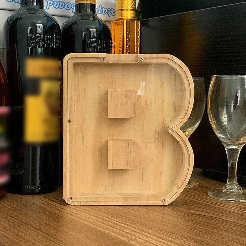 Premium Wooden Letter S Piggy Bank – Walnut with Clear Panel