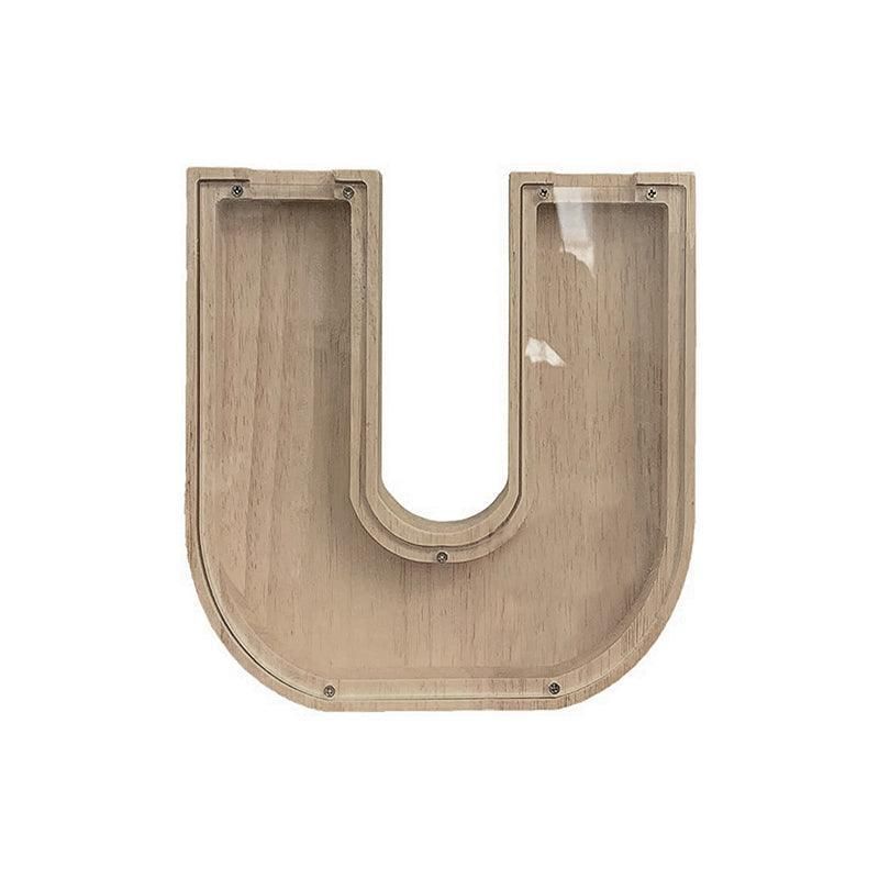 Premium Wooden Letter U Piggy Bank – Walnut with Clear Panel