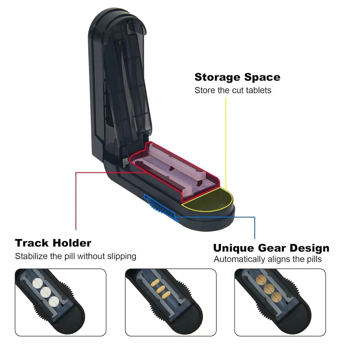 Premium Portable Pill Cutter Tablet Splitter with Gear Adjustment and Storage Organiser