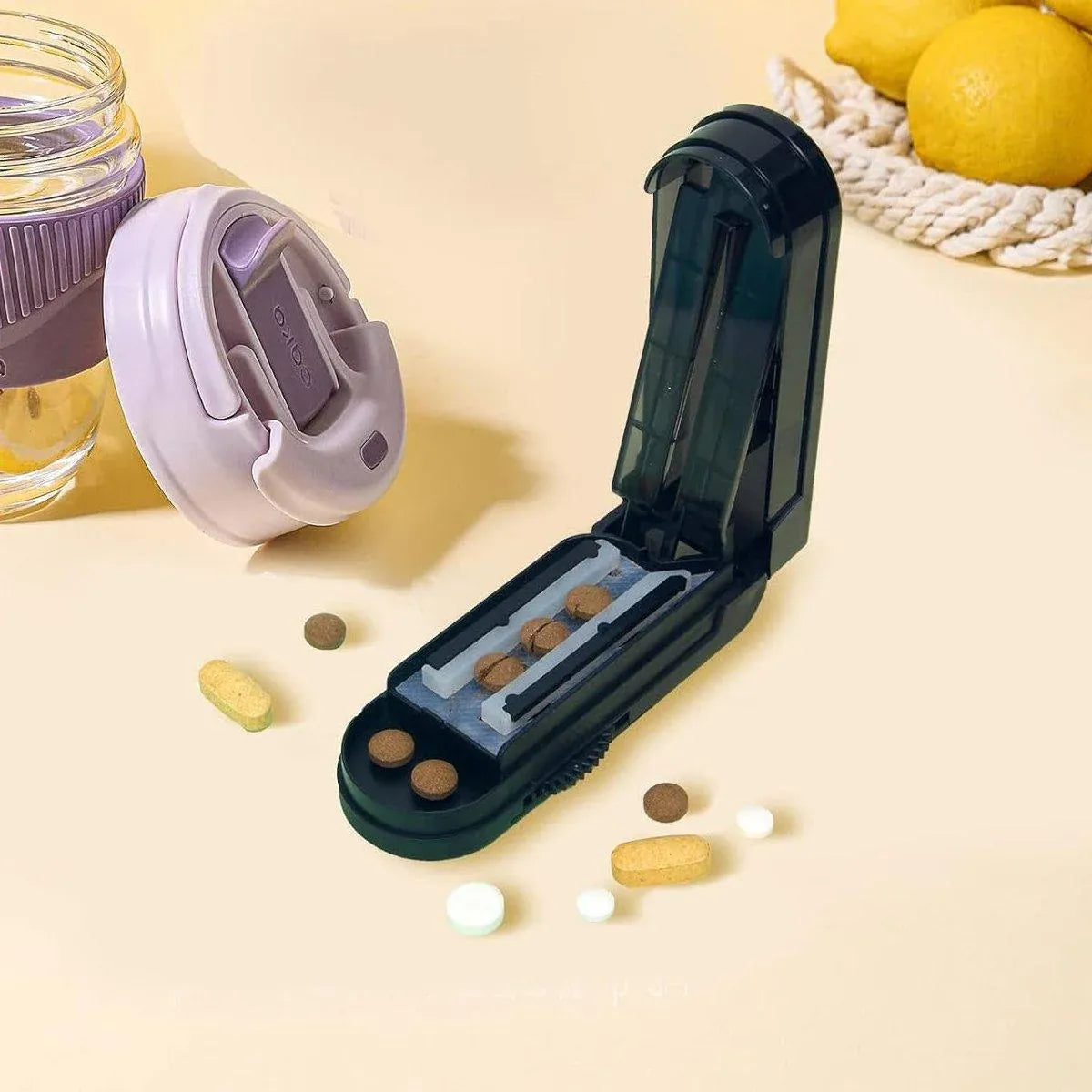 Premium Portable Pill Cutter Tablet Splitter with Gear Adjustment and Storage Organiser