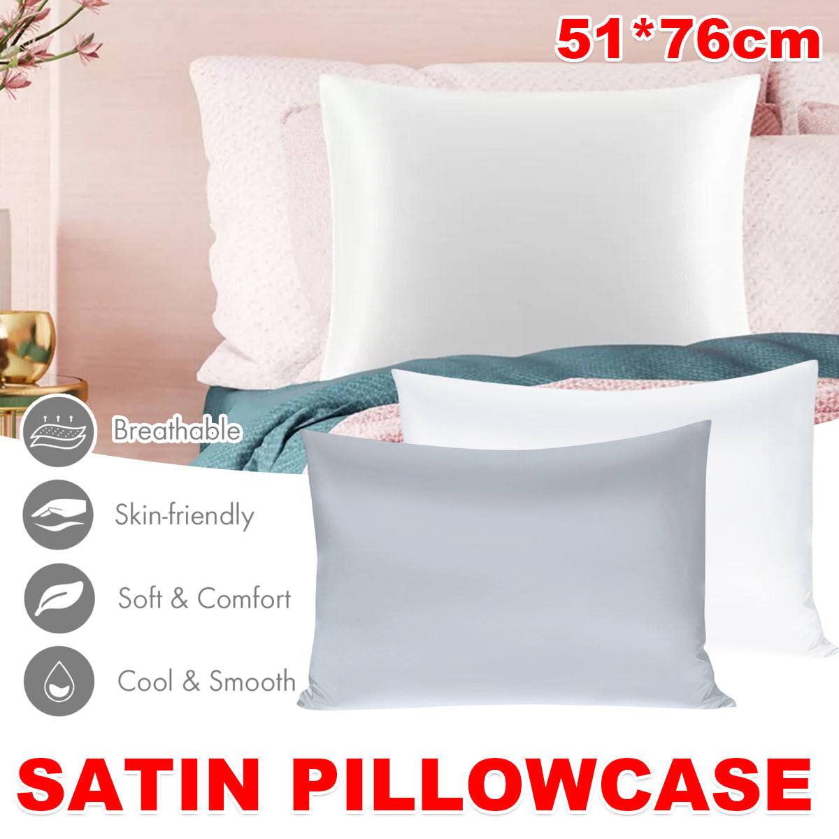 Silk Envelope Pillowcase Soft Satin Bamboo 51cm x 76cm - Silver, Machine Washable - SuperSaverAU - view 1