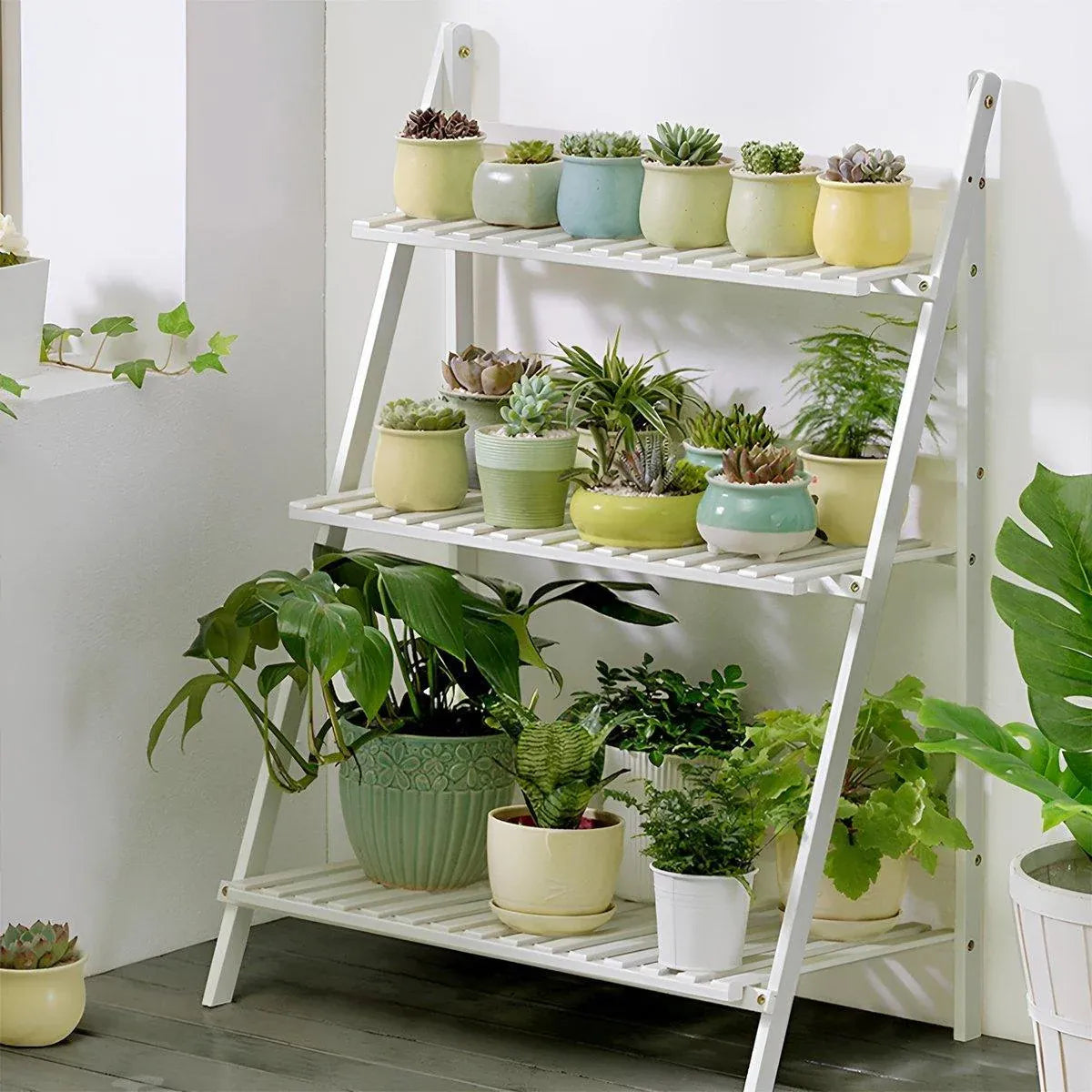 Premium 3-Layer Wooden Foldable Plant Stand – White 70 x 40 x 96cm
