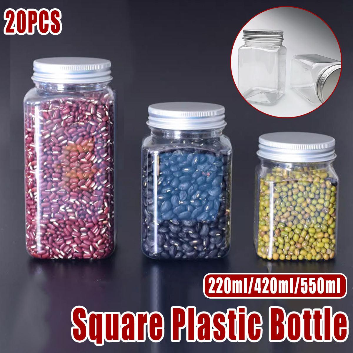 20pcs Square Transparent Plastic Bottles 550ml with Aluminium Caps for Food Storage