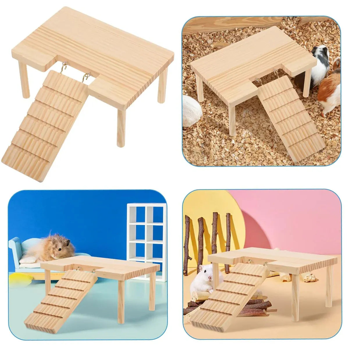 Premium Hamster Wood Platform with Ladder & Ramp - L-Shape