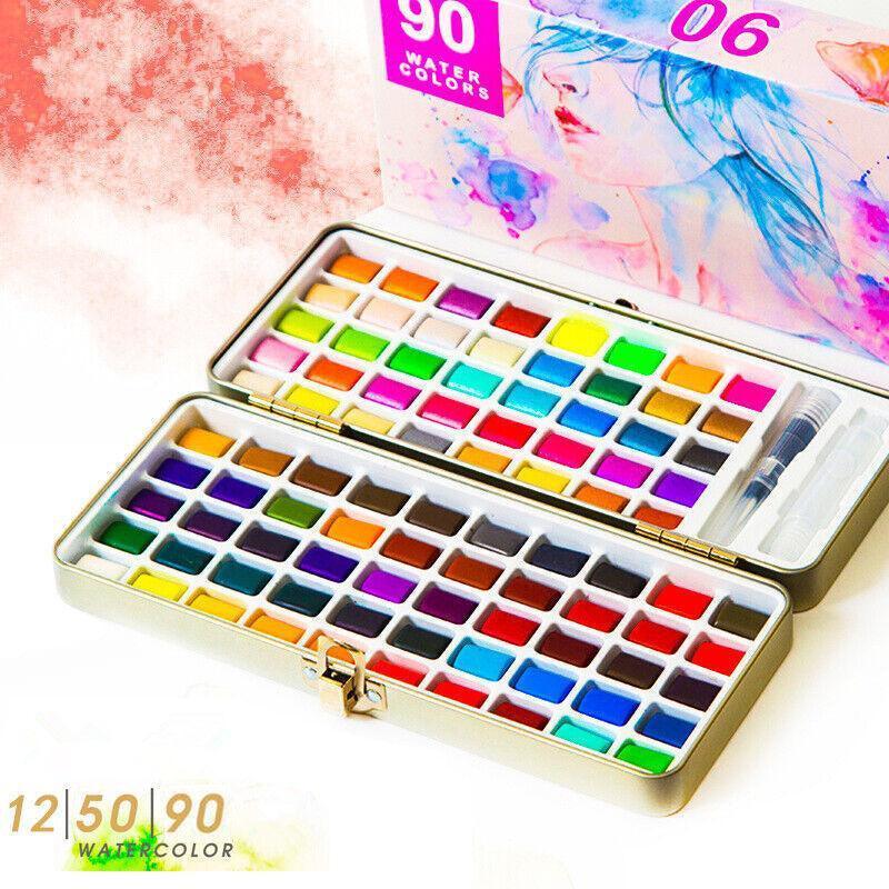 12-90 Watercolour Paint Set with Brush - 12 Vibrant Colours, Portable Kit