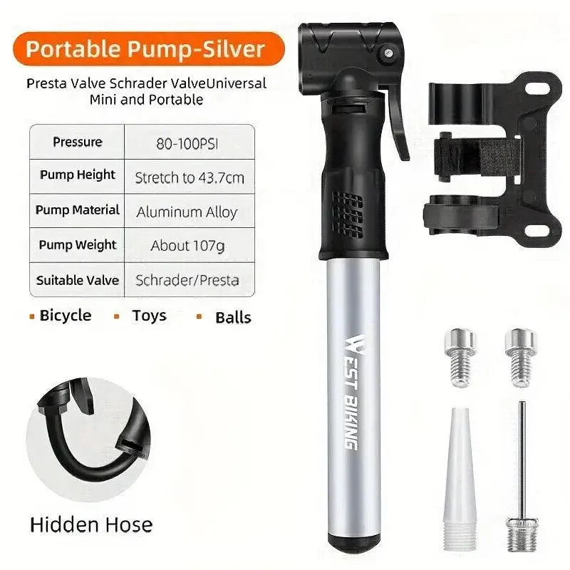 Premium Aluminium Mini Bike Pump with Presta & Schrader Valves 100PSI - Silver