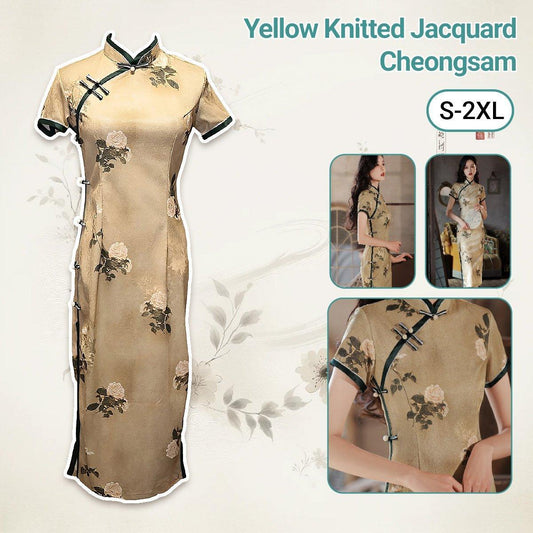 Retro Yellow Jacquard Cheongsam Dress - Short Sleeve - 2XL