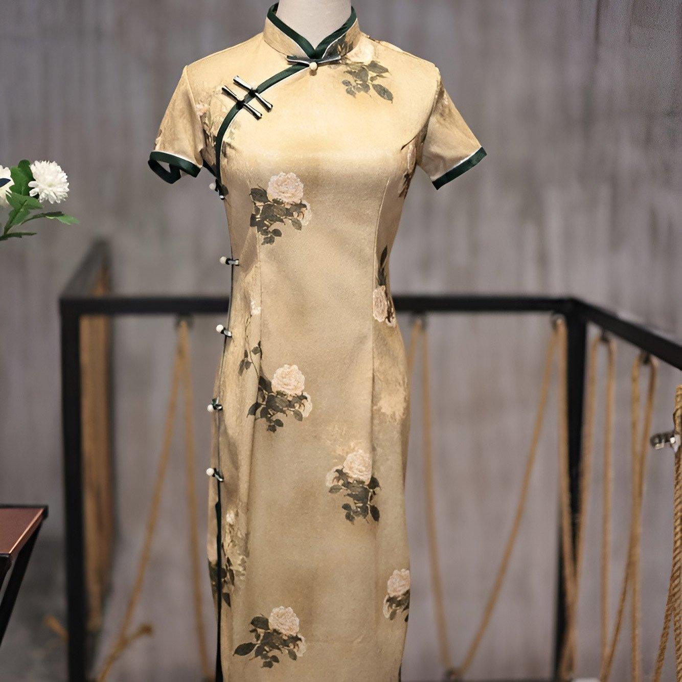 Retro Yellow Jacquard Cheongsam Dress - Short Sleeve - 2XL