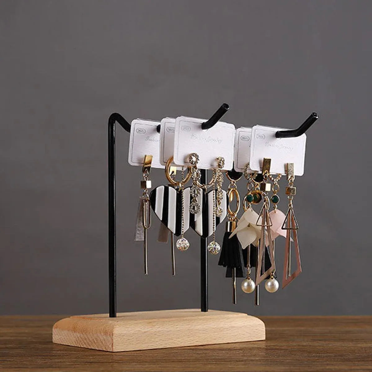 Premium White Iron Jewellery Display Rack with Wooden Base