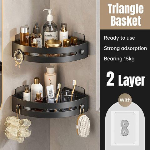 Premium Punch-Free Corner Shower Shelf – Black 2 Layers