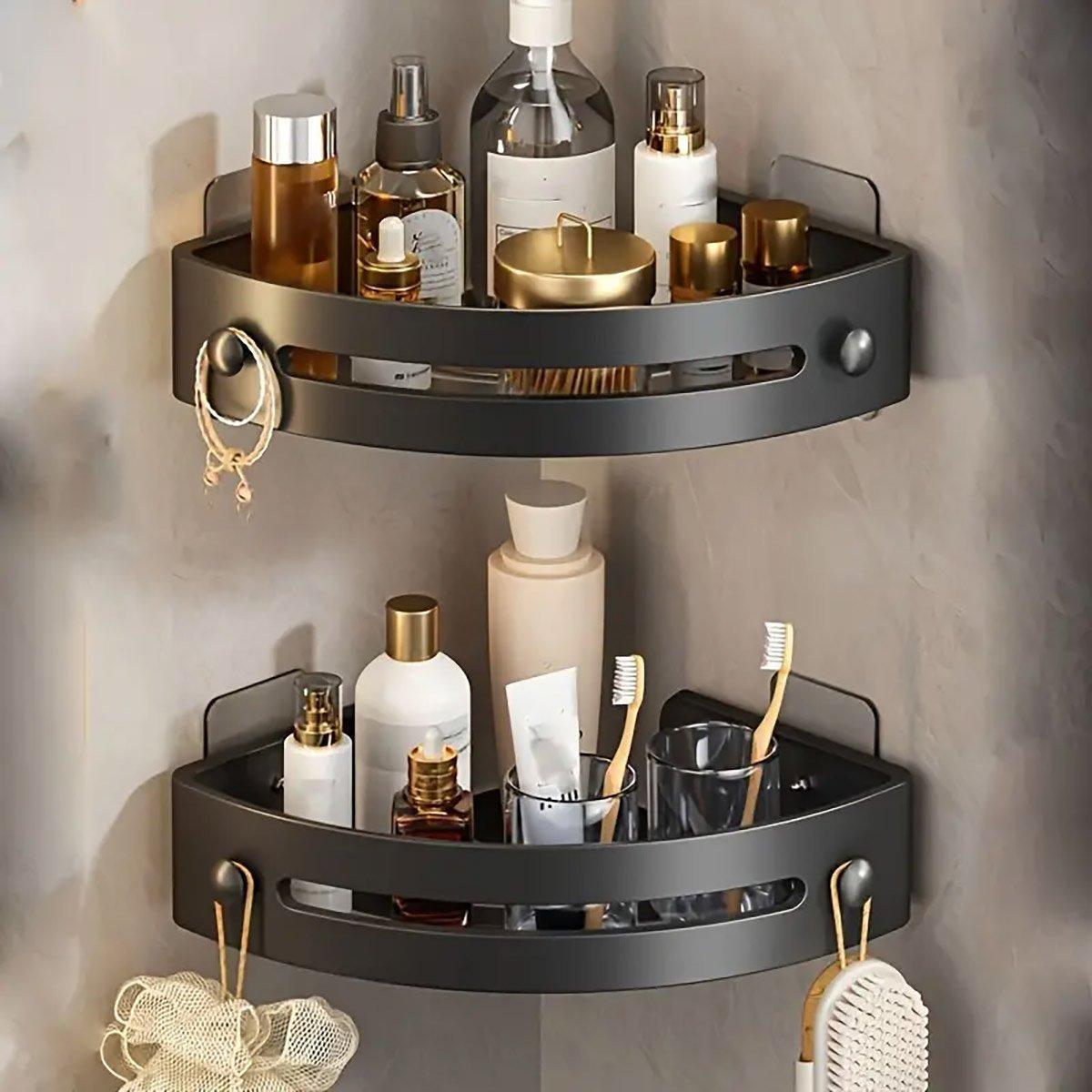 Premium Punch-Free Corner Shower Shelf – Black 2 Layers