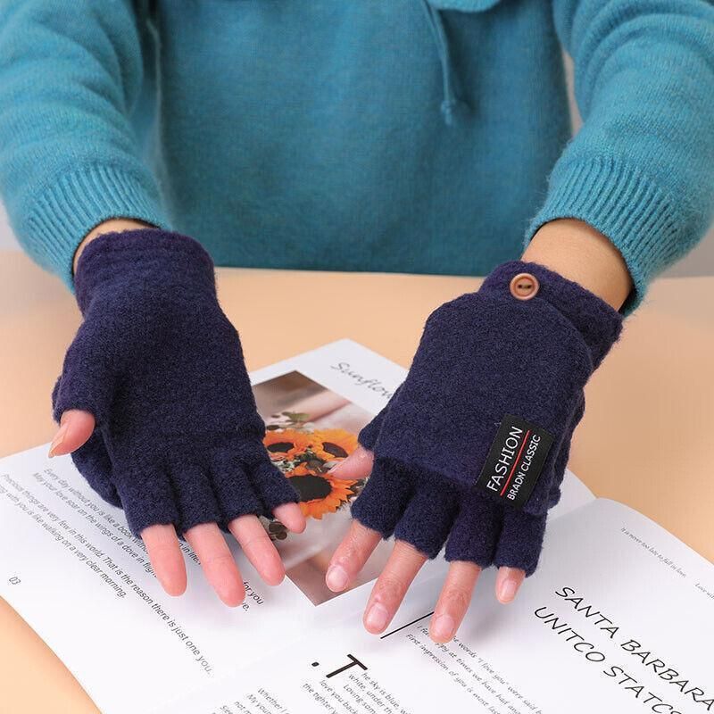 Premium Navy USB Heated Half Finger Flip Mitten Gloves