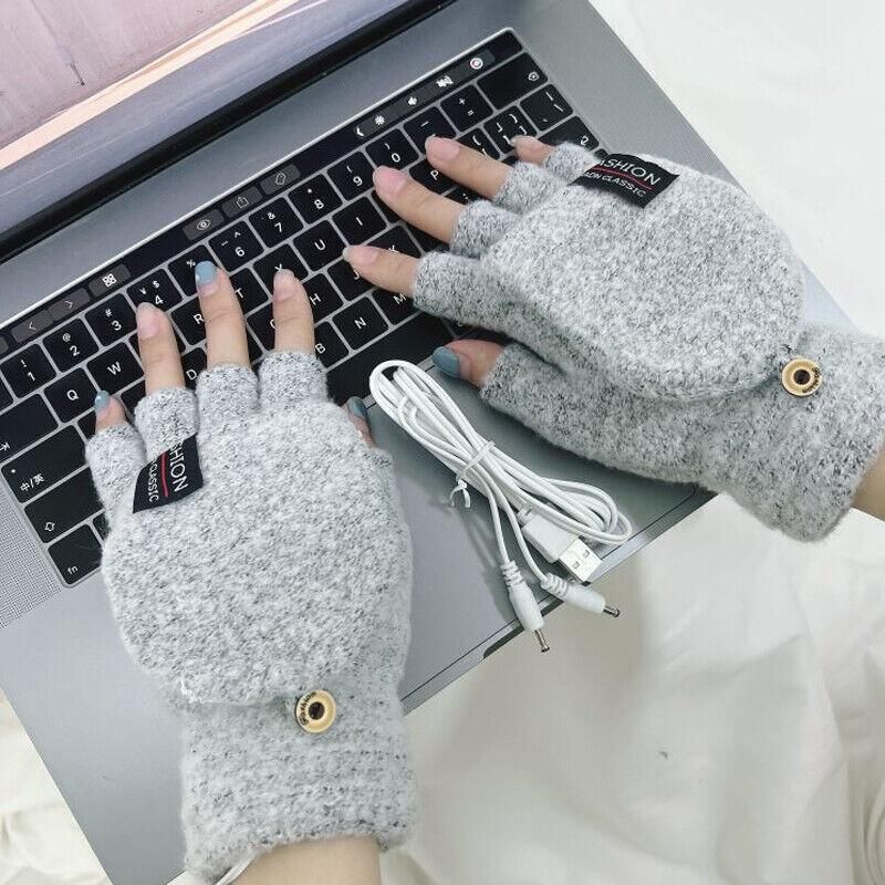 Premium Blue USB Heated Half Finger Flip Mitten Gloves