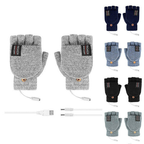 Premium Green USB Heated Half Finger Flip Mitten Gloves