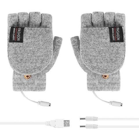 Premium Grey USB Heated Half Finger Flip Mitten Gloves