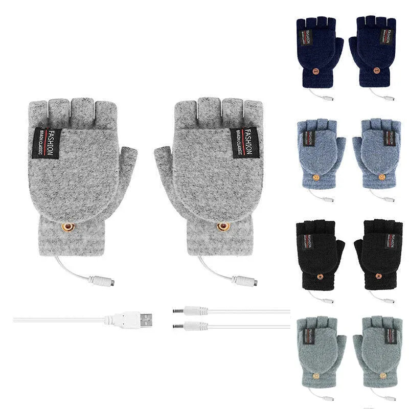 Premium Grey USB Heated Half Finger Flip Mitten Gloves