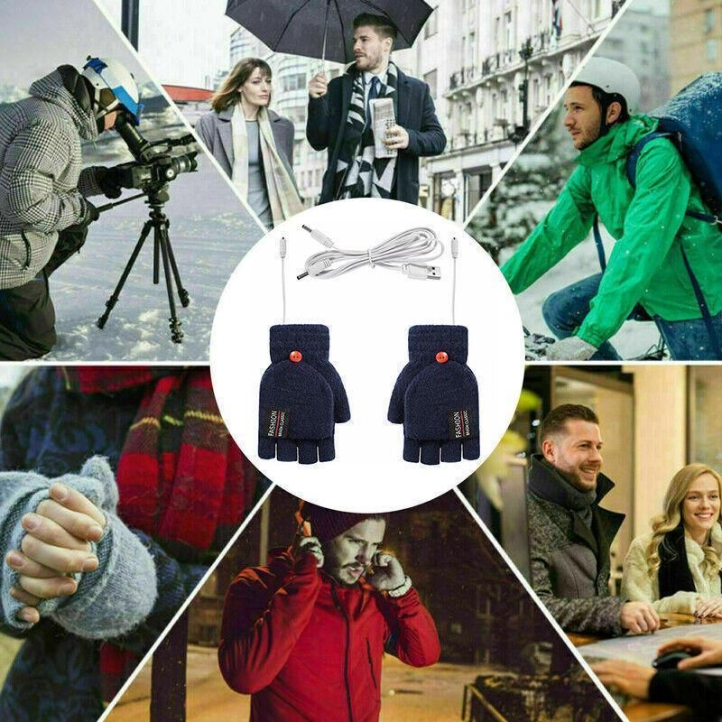 Premium Grey USB Heated Half Finger Flip Mitten Gloves