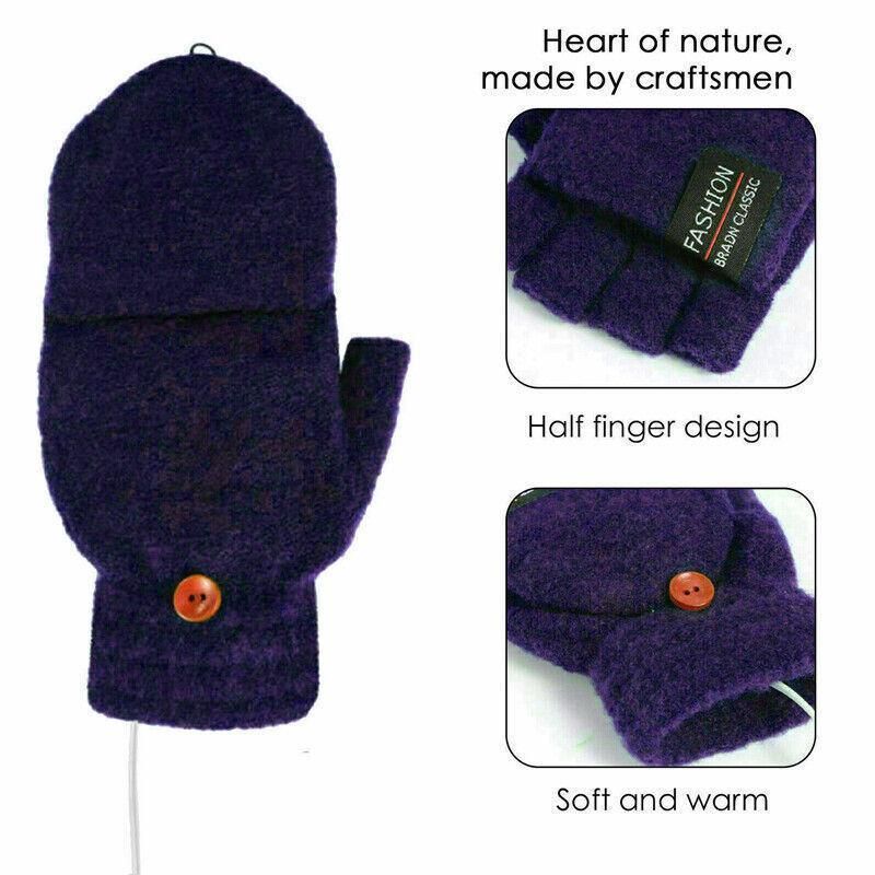 Premium Grey USB Heated Half Finger Flip Mitten Gloves