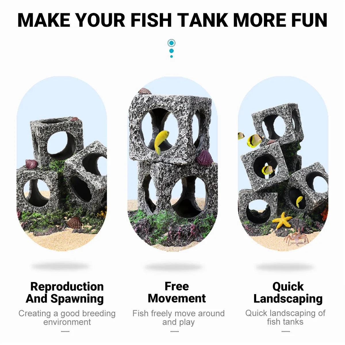Premium Fish Tank Shrimp Shelter Stone Cave - 3 Squares