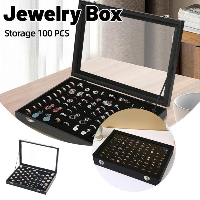 Black Jewelry Box with Lid, Dustproof, Holds 100 Rings, 13.77" x 9.4" x 2" - SuperSaverAU - view 1