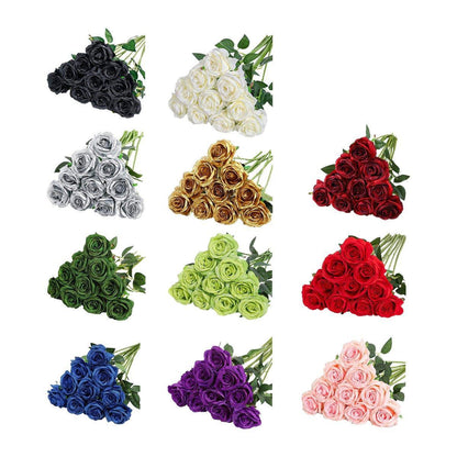 10pcs Artificial Silk Simulation Rose Flowers - Wedding Party Home Decorations - Silver