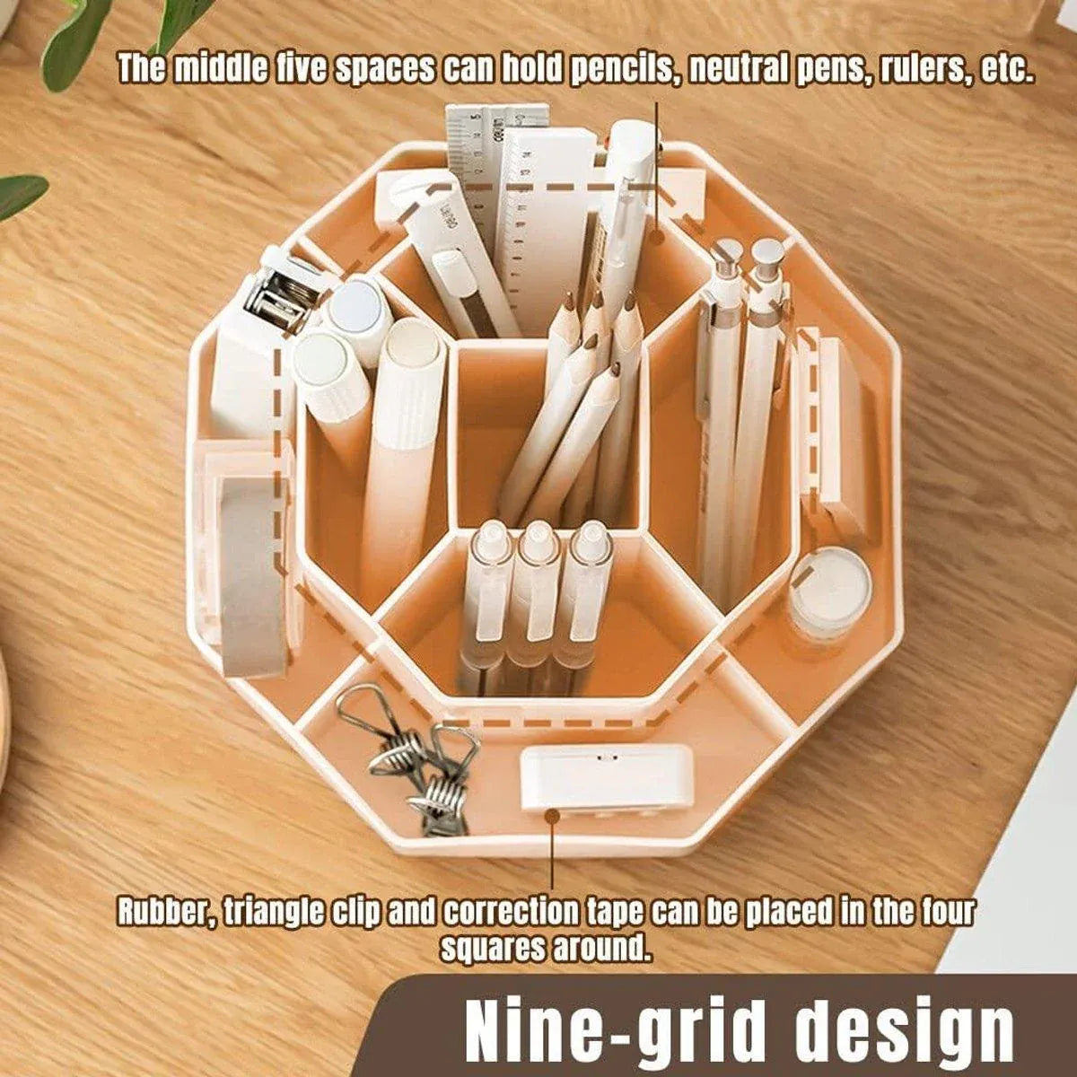 Premium 360° Rotating Pen Holder – 9 Compartments