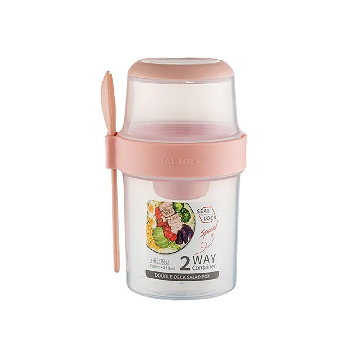 Premium Double Salad Cup with Fork - Pink, 560ml