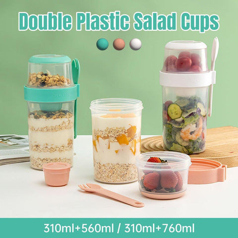 Premium Double Salad Cup with Fork - White, 560ml