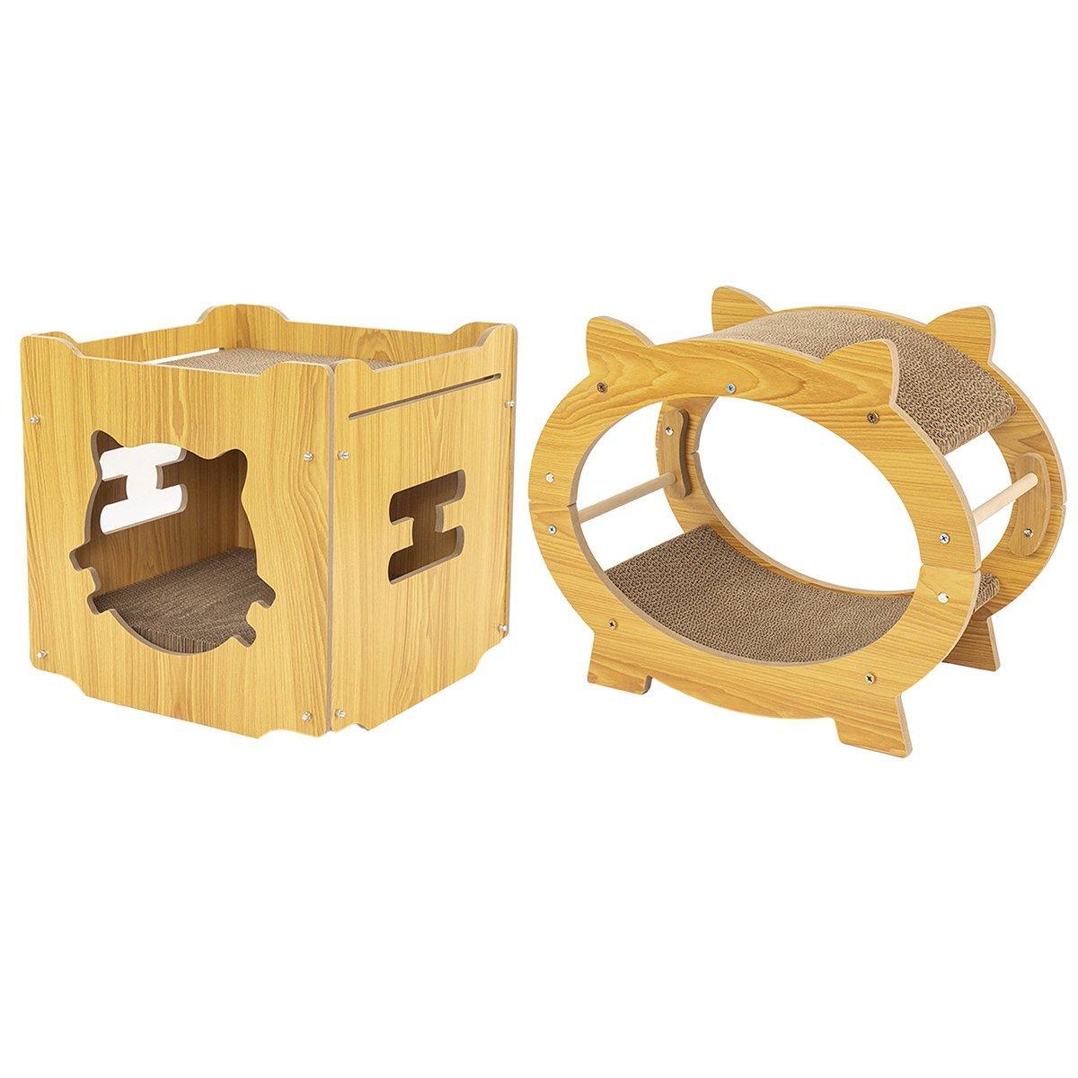 Durable Cat Scratcher Lounge - Square 34.5cm & Oval 47x23x37cm, Wood & Cardboard