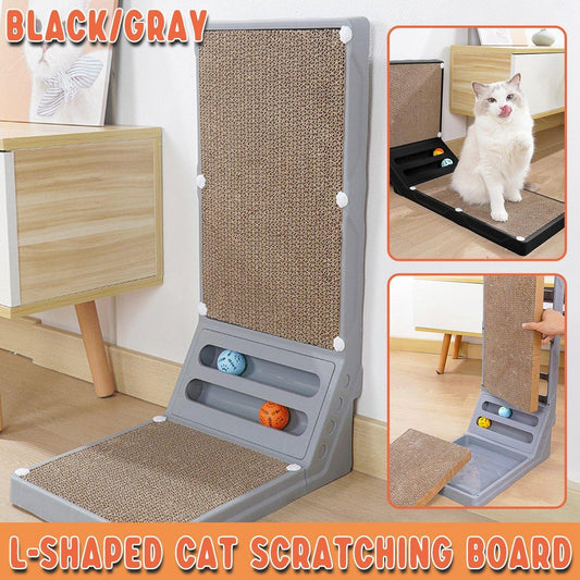 L-shaped Cat Scratching Board 9.8x15.7 inches with Dual Ball Tracks - Black