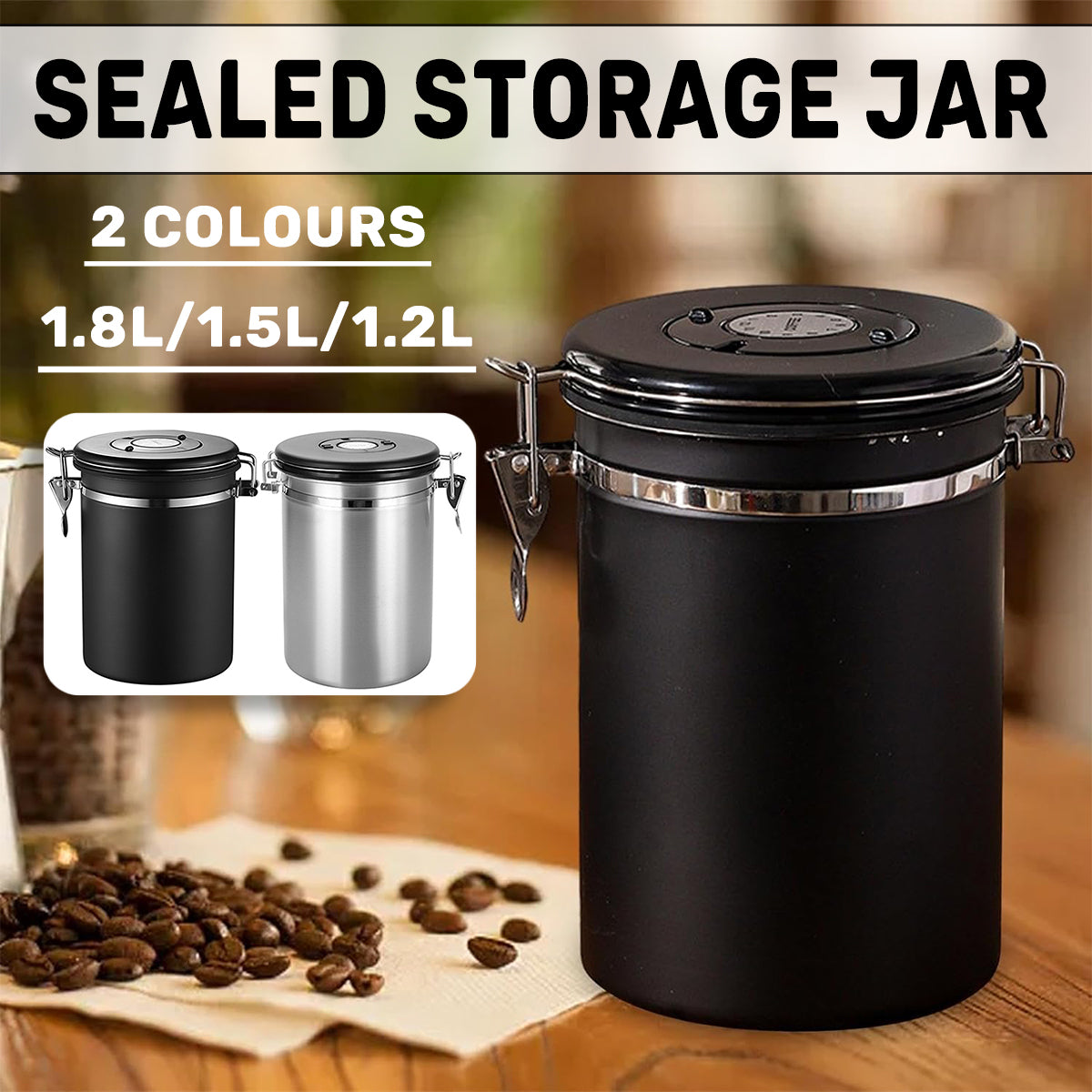 Premium Silver Stainless Steel Airtight Coffee Storage Jar 1500ml with Scoop