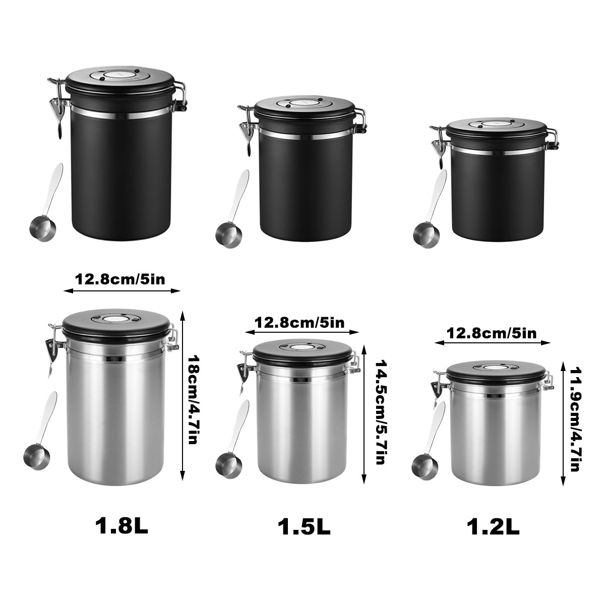 Premium Silver Stainless Steel Airtight Coffee Storage Jar 1500ml with Scoop