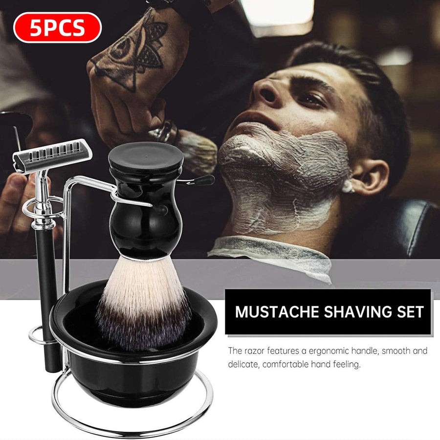 Premium 5pcs Men's Manual Shaving Kit with Razor Brush Bowl and Stand