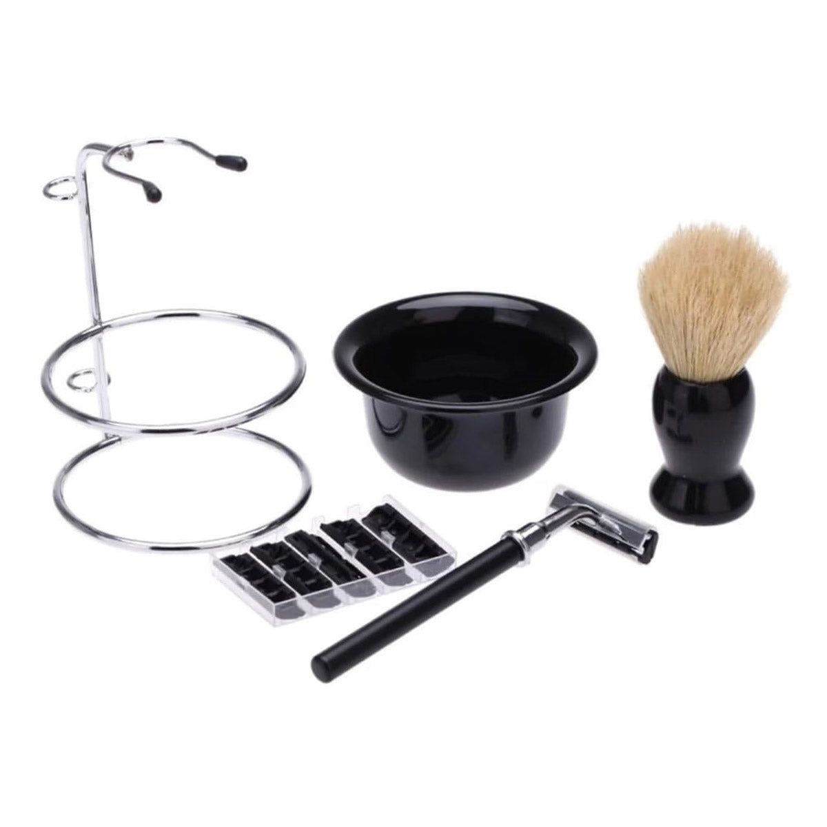 Premium 5pcs Men's Manual Shaving Kit with Razor Brush Bowl and Stand