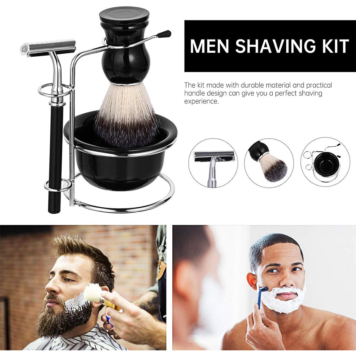 Premium 5pcs Men's Manual Shaving Kit with Razor Brush Bowl and Stand