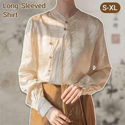 Chinese Style Womens Top Long Sleeve Stand-up Collar Shirt - L
