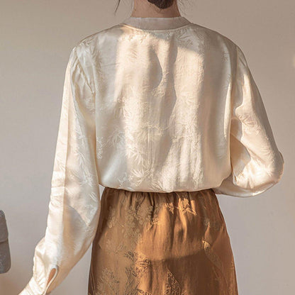 Chinese Style Womens Top Long Sleeve Stand-up Collar Shirt - L