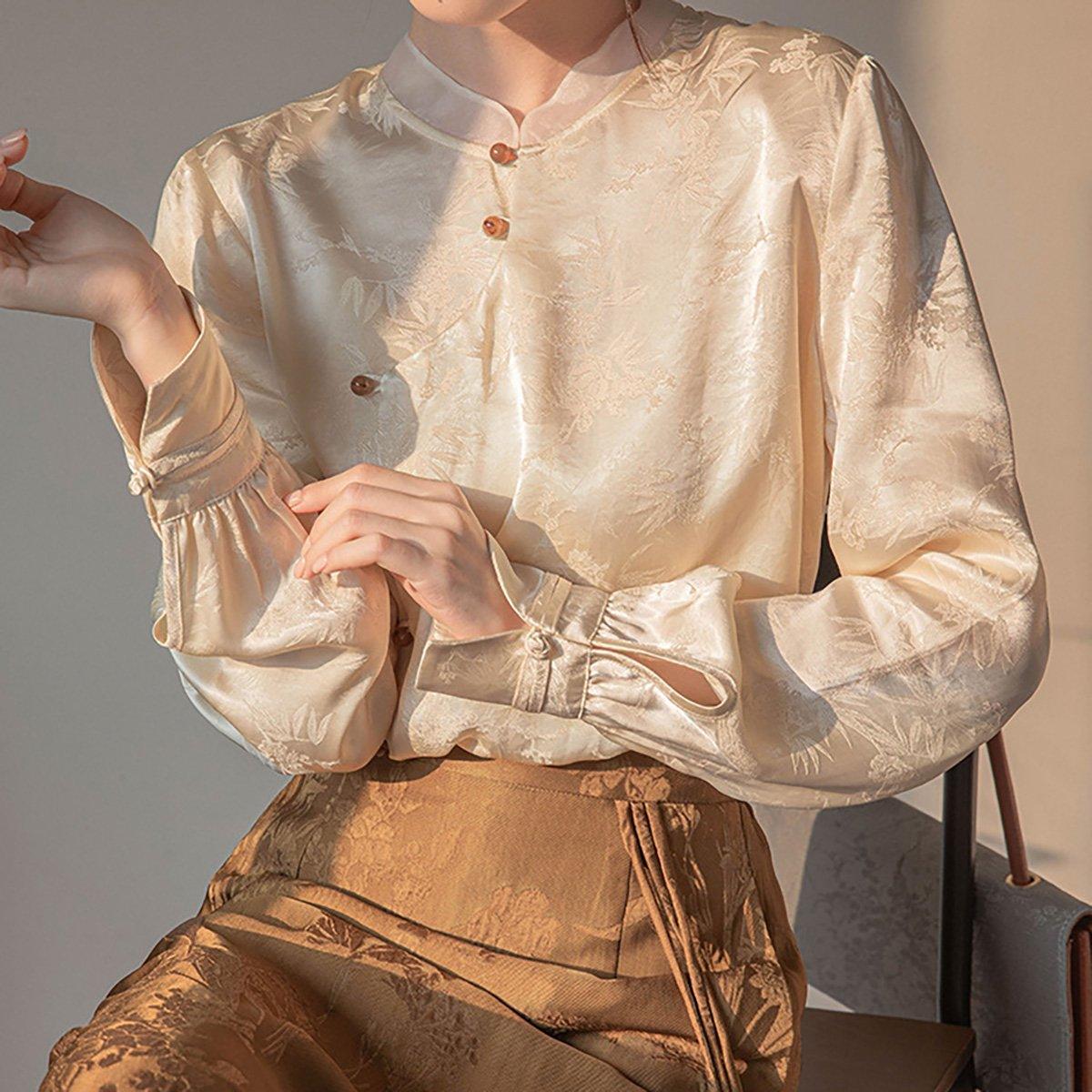 Chinese Style Womens Top Long Sleeve Stand-up Collar Shirt - L