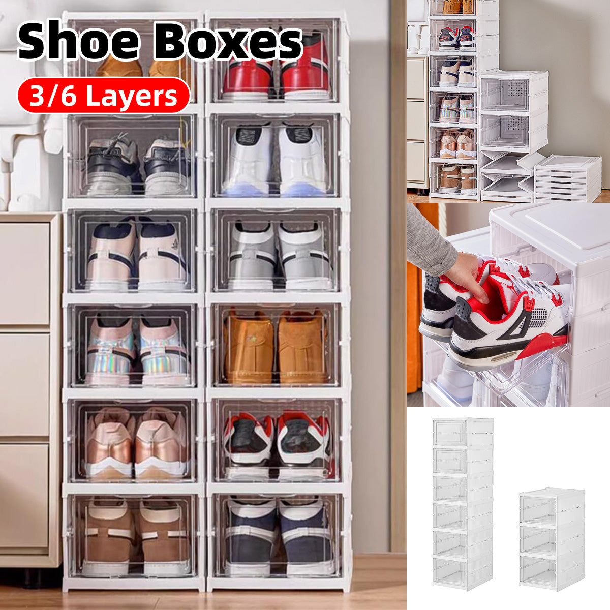 Foldable Shoe Storage Rack - 3 or 6 Layers, Transparent Drawers