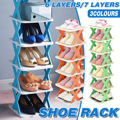 6/7-Tier Folding Shoe Rack - Space Saving Organizer - Blue