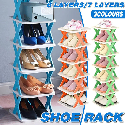 6/7-Tier Folding Shoe Rack - Space Saving Organizer - Blue