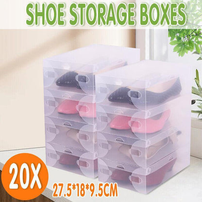20 Clear Plastic Shoe Storage Boxes - Stackable & Foldable Organizer