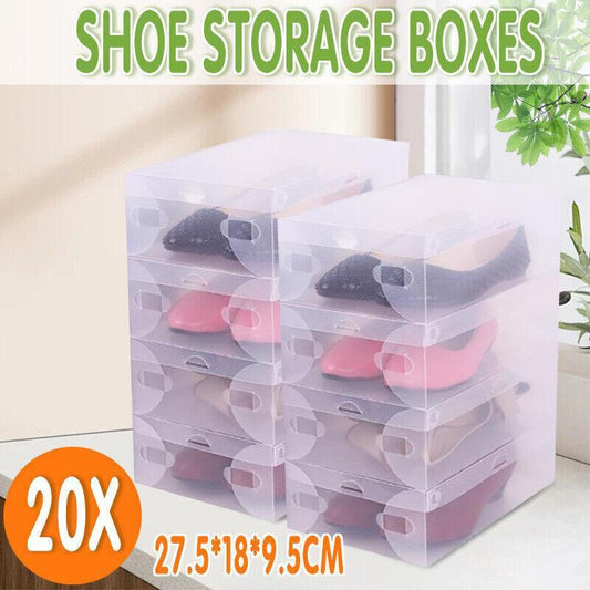 20 Clear Plastic Shoe Storage Boxes - Stackable & Foldable Organizer