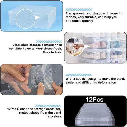 20 Clear Plastic Shoe Storage Boxes - Stackable & Foldable Organizer