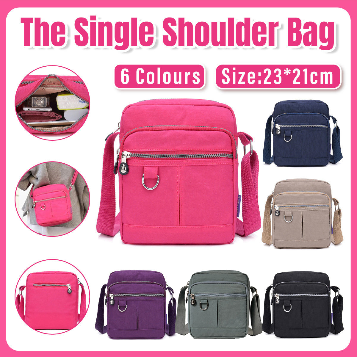 Premium Ladies Lightweight Nylon Shoulder Bag - Grey - SuperSaverAU - view 1