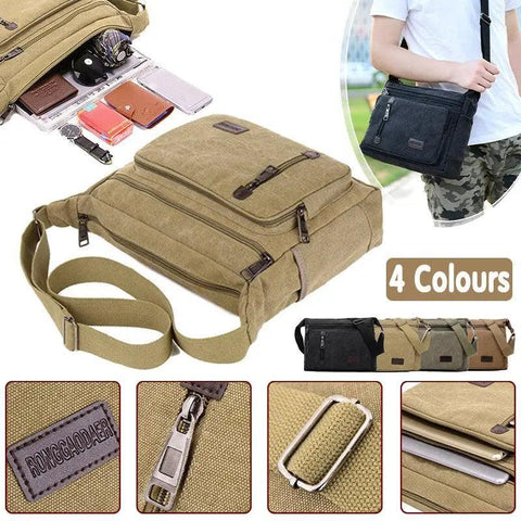 Retro Canvas Messenger Shoulder Bag for Men Travel Crossbody Satchel with Zippers - Khaki - SuperSaverAU - view 1